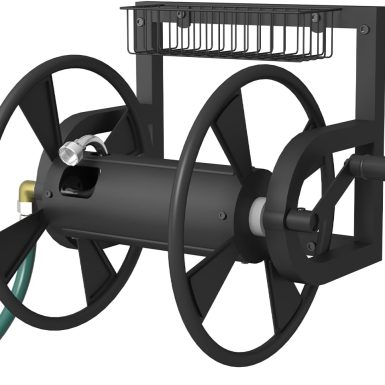 Garden Wall Mounted Hose Reel, Outdoor Heavy-Duty Water Hose Holder Winder, Holds 125 Feet of 5/8-Inch Hose, with 3.9 ft Leader Hose, Brass Fitting and Storage Basket for Yard, Black